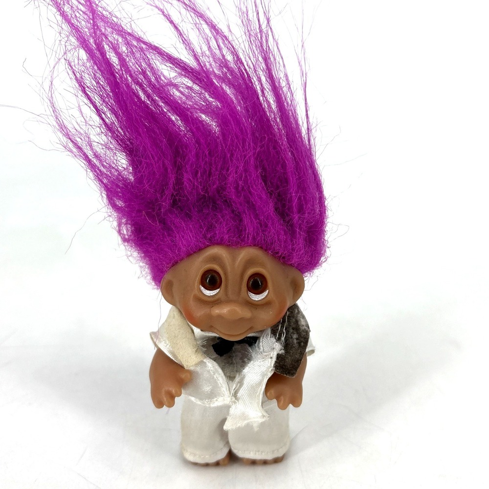 DAM Troll Doll 1985 Pink Purple Hair Amber Eyes Wearing White Tux, 3" tall